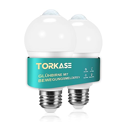 Torkase Glühbirne mit Bewegungsmelder, 13W E27 Led Glühbirne Ersetzt 100W, 5000K Kaltweiß 1100LM Led Lampe mit Bewegungsmelder für Treppen Toiletten Garten Balkon Garage, 2er Set von Torkase