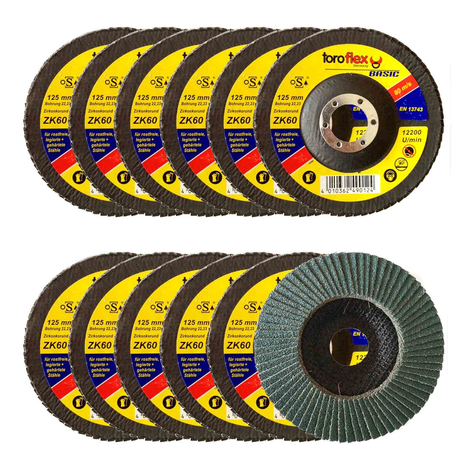 Toroflex Zirkonkorund Fächerscheibe, Schruppscheibe 115mm / 125mm - 10 Stück Körnung:Ø 125 x 22.23 mm - K.80 von Toroflex