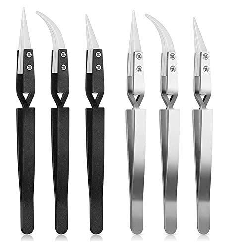 Torribala 6-Teilige PräZisions-Reverse-Keramikpinzette, Gebogene Spitzen, Pinzetten-Set, Nicht LeitfäHig, Antimagnetische LöTpinzette von Torribala