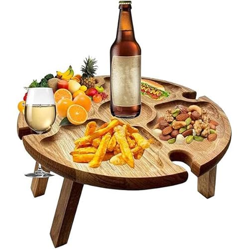 Torribaly Tragbarer Picknicktisch, Mini Campingtisch Rund Holz Gartentisch Klappbar Snackbox, Couchbar Snackspender, Betttablett Sofatablett Tablett mit Füßen für Reisen Camping Picknick Strand, 24cm von Torribaly