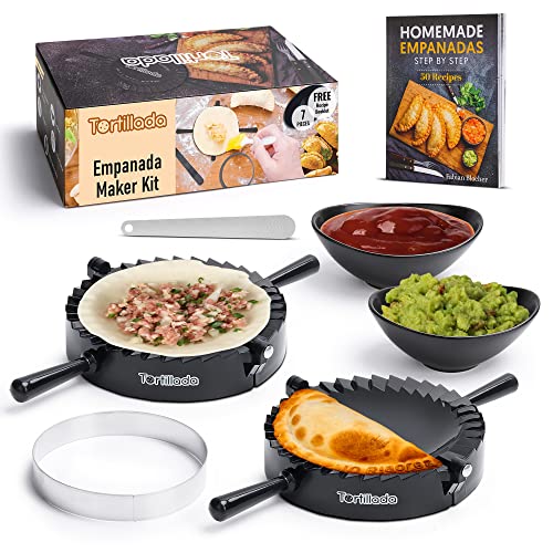 Tortillada – Empanadas Maker Formen 15,5 cm/Empanada Form Presse Set 7 teilig inkl. Rezeptbuch, Dipschalen, Ausstecher, Messer von Tortillada