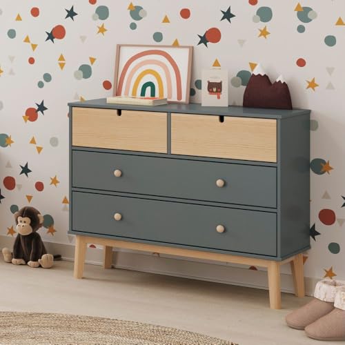 Kommode mit 4 Schubladen khaki grün und Kiefer 100x40x81H cm - Restana Kommode mit 4 Schubladen khaki grün und Kiefer 100x40x81H cm - Restana von Toscohome