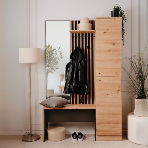 Eingangsschrank mit gerippter Front und Spiegel Farbe Eiche und Anthrazit 122x190H cm - Medan von Toscohome