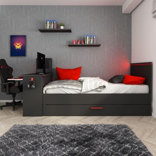 Schlafzimmer mit ausziehbarem Einzelbett und eingebautem Schreibtisch anthrazit und rot wendbar von Toscohome