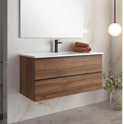 Wandbadezimmerschrank 100 cm mit 2 Kommoden in nussbaumfarbenem Rippeneffekt - Elius von Toscohome