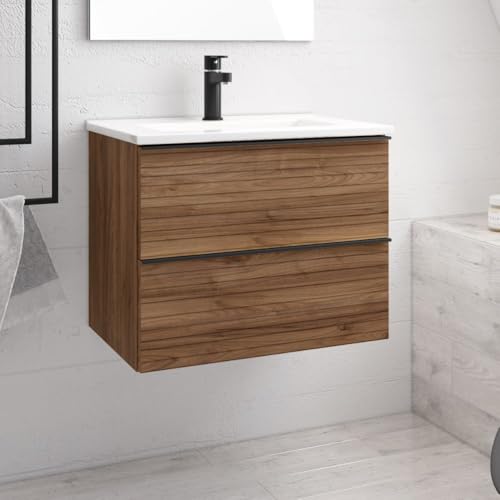 Wandbadezimmerschrank 80 cm mit 2 Kommoden in nussbaumfarbenem Rippeneffekt - Elius von Toscohome