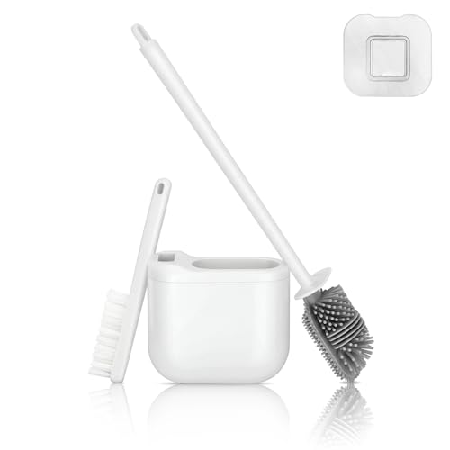 Toski Klobürste Set, Toilettenbürste Wandmontage mit Randreiniger, WC Bürste Wand Ohne Bohren, Toilet Brush Hängend mit Schnell Trocken Behälter, Weiß von Toski