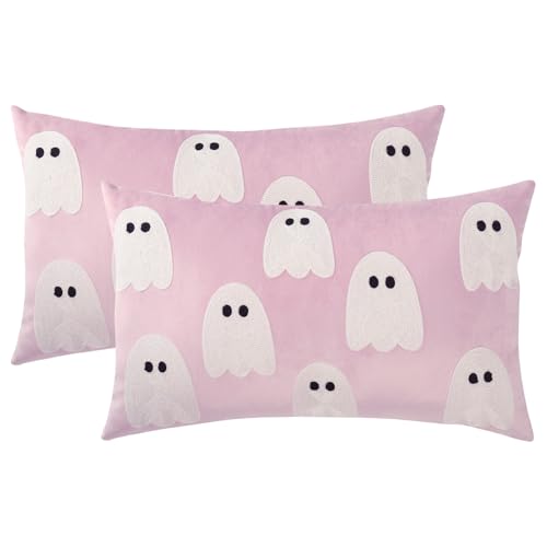 2 Stück Halloween Gestickter Kissenbezüge aus Samt Geist Dekoration Kissenbezug 30 x 50cm Lendenkissen Rosa für Party Halloween Indoor Outdoor Decor Couch Überwurf Kissen Fälle Sofa von Tosleo
