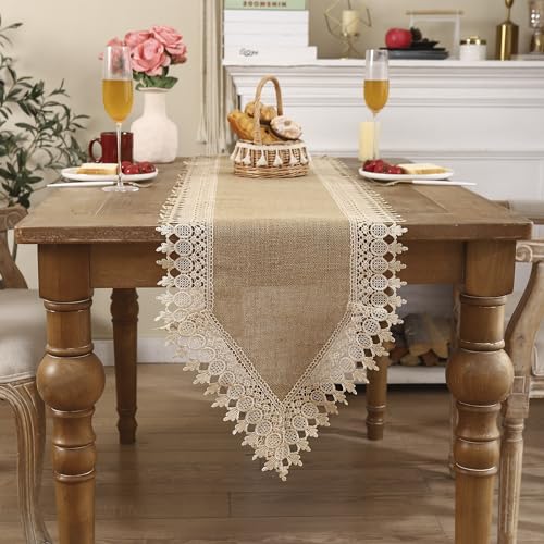 Jute Tischläufer mit Quasten Spitze Bestickt 40cm x 180cm Jutestoff Juteband Böhmische Juteläufer Tischband für Hochzeitsdeko Bauernhaus Tischdek von Tosleo
