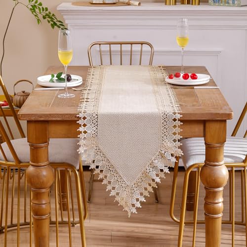 Jute Tischläufer mit Quasten Spitze aus Natur Leinen 40x90cm Wellenmuster Bauernhaus Juteläufer für Familienfeiern Hochzeiten Hoteldekorationen von Tosleo
