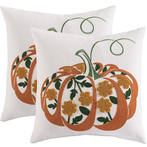 Tosleo 2 Stück Herbst Kürbis Kissenbezug aus Samt 45x45 cm Kopfkissenbezug Kleine Blumen Kissenhülle Dekoration Weich Zierkissenbezüge für Home Sofa Garten Schlafzimmer Zuhause Herbstdeko von Tosleo