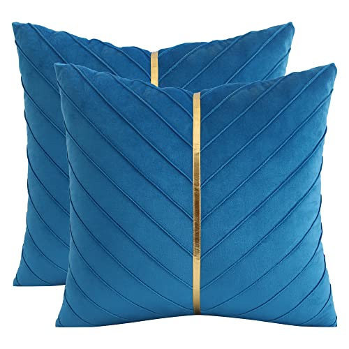 Tosleo 2 Stück Samt Kissenbezüge 40x 40 cm Dekorative Kissenhülle mit Gold Leder Luxus Moderne für Wohnzimmer Schlafzimmer Sofa Kissen Bett Blauer See von Tosleo