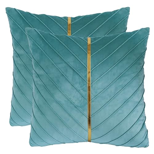 Tosleo 2 Stück Samt Kissenbezüge 40x 40 cm Dekorative Kissenhülle mit Gold Leder Luxus Moderne für Wohnzimmer Schlafzimmer Sofa Kissen Aquamarin… von Tosleo