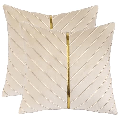 Tosleo 2 Stück Samt Kissenbezüge 40x 40 cm Dekorative Kissenhülle mit Gold Leder Luxus Moderne für Wohnzimmer Schlafzimmer Sofa Kissen Bett Creme von Tosleo