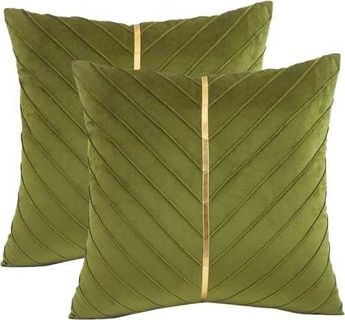 Tosleo 2 Stück Samt Kissenbezüge 45x 45 cm Dekorative Grün Kissenhülle mit Gold Leder Luxus Moderne für Wohnzimmer Schlafzimmer Sofa Kissen Bett von Tosleo