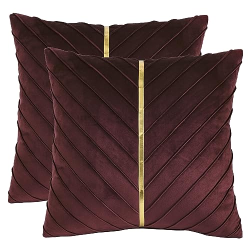 Tosleo 2 Stück Samt Kissenbezüge 50x 50 cm Dekorative Kissenhülle mit Gold Leder Luxus Moderne für Wohnzimmer Schlafzimmer Sofa Kissen Weinrot von Tosleo