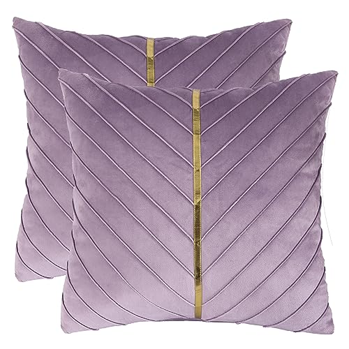 Tosleo 2 Stück Samt Kissenbezüge 50x 50 cm Dekorative Lila Kissenhülle mit Gold Leder Luxus Moderne für Wohnzimmer Schlafzimmer Sofa Kissen Bett von Tosleo