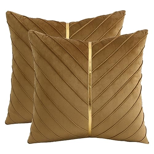 Tosleo 2 Stück Samt Kissenbezüge 60x60 cm Dekorative Kissenhülle mit Gold Leder Luxus Moderne Braun für Wohnzimmer Schlafzimmer Sofa Kissen von Tosleo