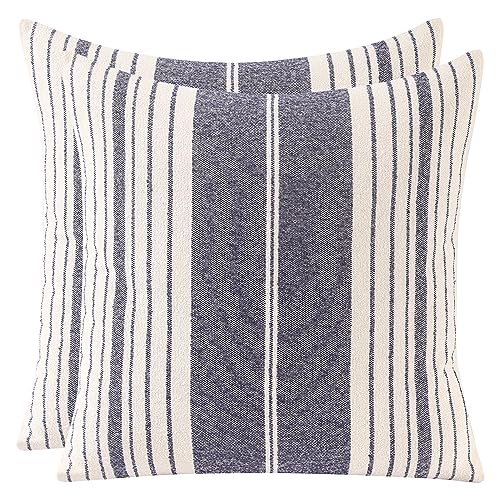 Tosleo 2er Set Boho Breite Streifen Kissenbezug 45x45 cm Weiche Baumwolle Leinen Kissenhülle für Bauernhaus Sofa Schlafzimmer Wohnzimmer Auto Dekor Kopfkissenbezug Marine von Tosleo