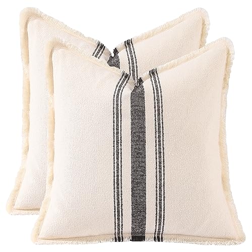 Tosleo 2er Set Boho Streifen Kissenbezug mit Quaste Weiche Baumwolle Leinen Kissenhülle 45x45 cm für Sofa Schlafzimmer Wohnzimmer Auto Dekor Kopfkissenbezug Schwarze Feine Streifen von Tosleo