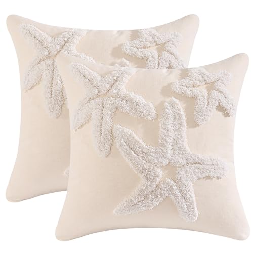 Tosleo 2er Set Kissenbezüge Sommer Strand 45 x 45 cm Tufteter DREI Seestern Meer Landschaft Dekorative Kissenhülle Zierkissenbezüge für Sofa Wohnzimmer Zuhause Sommer Dekoration von Tosleo