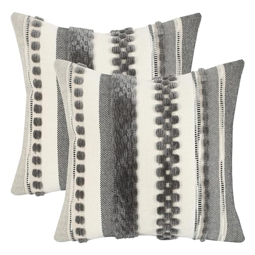 Tosleo 2er Set Kissenbezug Chenille 45x45cm Baumwollmischung Kissenhülle Sofakissen Streifen Dekokissen Boho Deko Kissenbezüge für Sofa Wohnzimmer Schlafzimmer Outdoor Kissen (Grau, 45 x 45 cm) von Tosleo