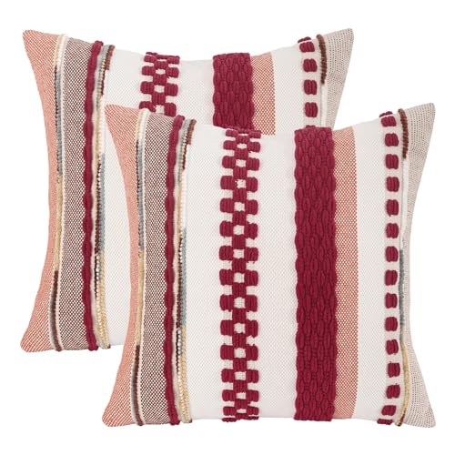 Tosleo 2er Set Kissenbezug Chenille 45x45cm Baumwollmischung Kissenhülle Sofakissen Streifen Dekokissen Boho Deko Kissenbezüge für Sofa Wohnzimmer Schlafzimmer Outdoor Kissen (Rot, 45 x 45 cm) von Tosleo