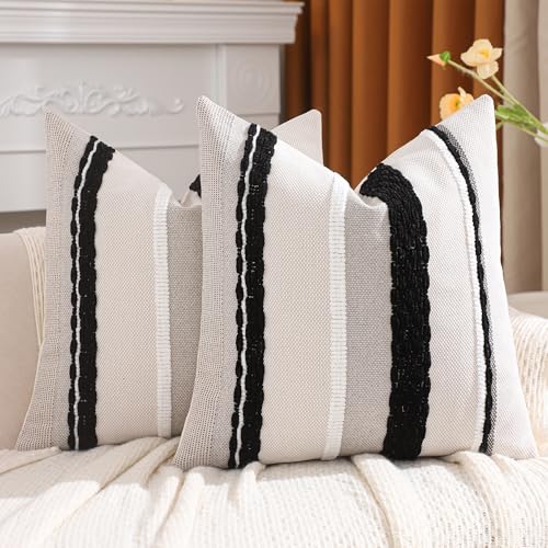 Tosleo 2er Set Kissenbezug Chenille 45x45cm Baumwollmischung Kissenhülle Sofakissen Streifen Dekokissen Boho Deko Kissenbezüge für Sofa Wohnzimmer Schlafzimmer Outdoor Kissen (Schwarz1, 45 x 45 cm) von Tosleo