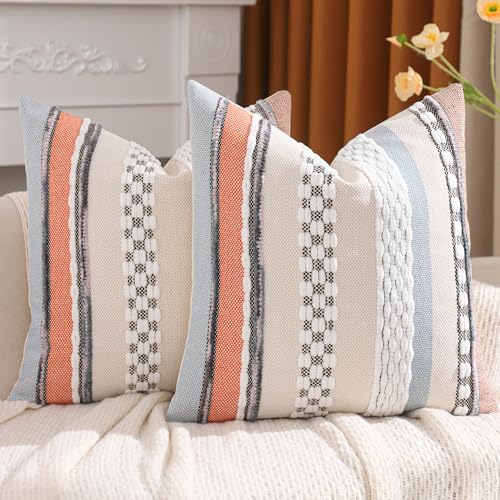 Tosleo 2er Set Kissenbezug Chenille 45x45cm Kissenhülle Sofakissen Streifen Dekokissen Boho Deko Kissenbezüge für Sofa Wohnzimmer Schlafzimmer Outdoor Kissen Orange und Blau von Tosleo