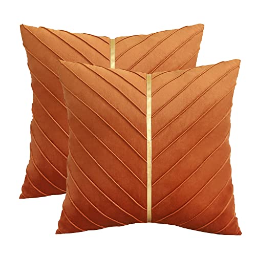 Tosleo 40 x 40 cm Kissenbezüge 2er Set Samt Kissen mit Goldfarbenem Leder Dekokissen Moderne Luxuriös für Sofa Gartenbett Couch Wohnzimmer Sofakissen Bett Orange von Tosleo