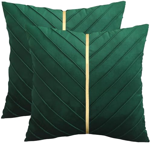 Tosleo 2er Set 60 x 60 cm Kissenbezüge Grün Samt Kissen mit Goldfarbenem Leder Dekokissen Moderne Luxuriös für Sofa Gartenbett Couch Wohnzimmer Sofakissen Bett von Tosleo