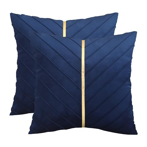 Tosleo 60 x 60 cm Kissenbezüge 2er Set Samt Kissen mit Goldfarbenem Leder Dekokissen Moderne Luxuriös für Sofa Gartenbett Couch Wohnzimmer Sofakissen Bett Marineblau von Tosleo