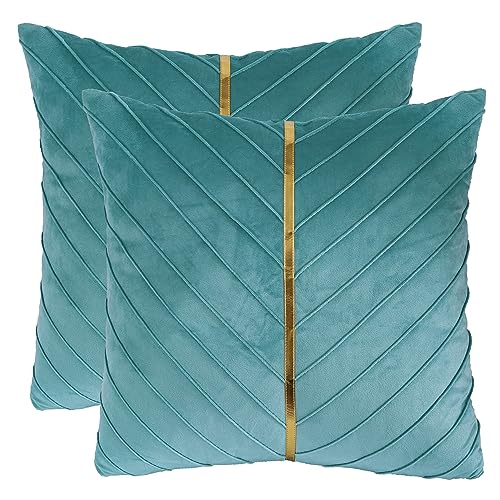 Tosleo Aqua Green Velvet Throw Pillow Covers 24x24 Pack of 2 with Gold Leather,Decorative Couch Pillow Cover Luxury Modern Pillowcases for Living Room Bedroom Sofa Cushion Bed von Tosleo