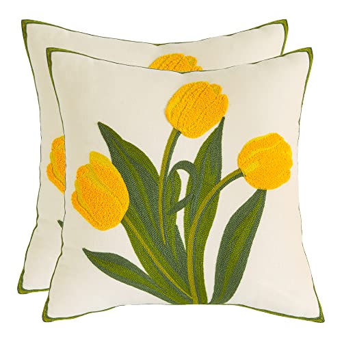 Tosleo Bestickte Kissenbezüge, 45.7x45.7 cm, 2er-Set, Blumen-Kissenbezüge, moderne dekorative quadratische Kissenbezüge für Sofa, Couch, Schlafzimmer, Wohnzimmer, Auto (gelbe Tulpe, 2er-Set) von Tosleo