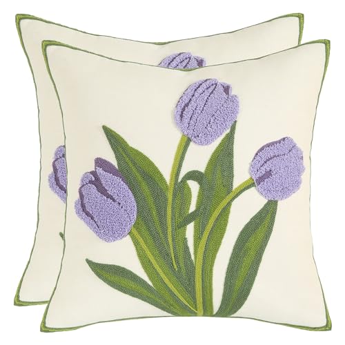 Tosleo Kissenbezug Bestickte Wurfkissenbezüge 45 x 45 cm Lila Tulpe für Gartenlounge Sofa Dekokissen Wohnzimmer Schlafzimmer 2 Stück Set Kissenbezüge Blumenmuster Garten von Tosleo