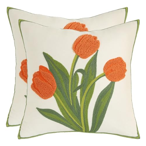 Tosleo 2 Stück kissenbezüge Bestickte Orange Tulpe Kissenhülle 45x45cm Blume Kissenbezug Wurfkissenbezüge für Gartenlounge Sofa Dekokissen Wohnzimmer Schlafzimmer Bauernhaus Garten von Tosleo