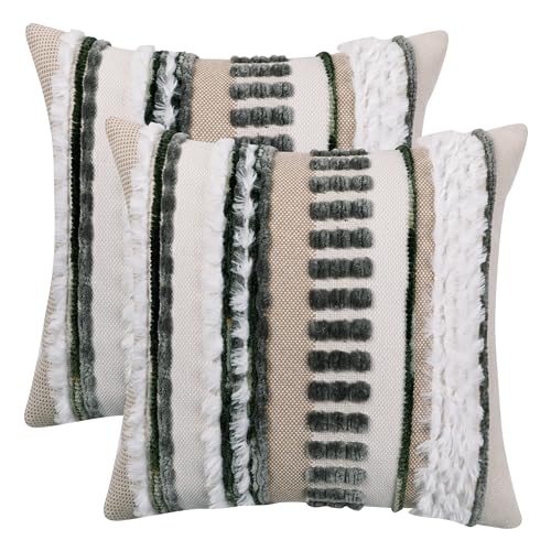 Tosleo 2er Set Boho Gestreifte Kissenbezüge Chenille Weicher Kord Kissenbezug 45x45cm Plüsch Baumwolle und Leinen für Sofa Bett Garten Balkon Schlafzimmer Dunkelgrau von Tosleo