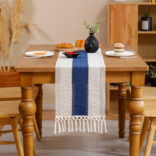 Tosleo Dunkelblau Makramee Tischläufer Boho Deko mit Quasten Baumwollflachs Mesh Tischdecke für Bauernhaus Böhmische Hochzeit Tabletop Dekor Party Hochzeit Küche 30x140cm von Tosleo