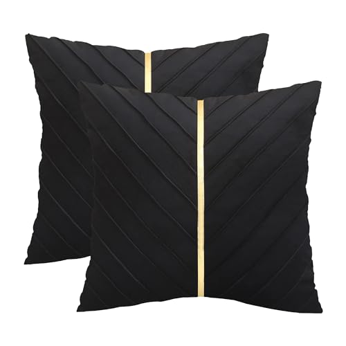 Tosleo Kissenbezüge 2er Set Samt Kissen mit Goldfarbenem Leder Dekokissen Moderne Luxuriös für Sofa Gartenbett Couch Wohnzimmer Sofakissen Bett (Schwarz, 50 x 50 cm) von Tosleo