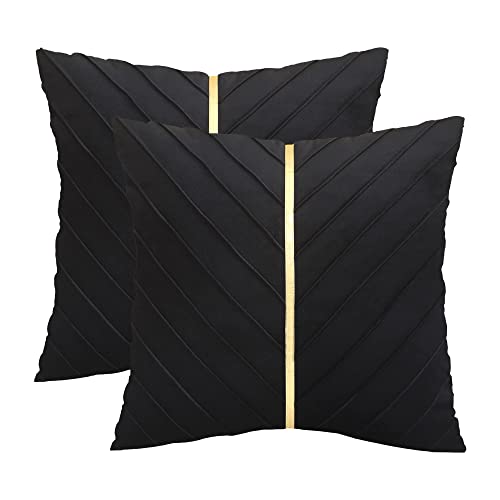 Tosleo 55 x 55 cm Kissenbezüge 2er Set Samt Kissen mit Goldfarbenem Leder Dekokissen Moderne Luxuriös für Sofa Gartenbett Couch Wohnzimmer Sofakissen Bett Schwarz von Tosleo