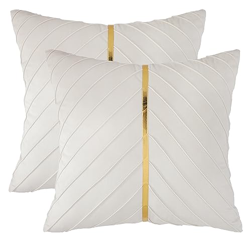 Tosleo Kissenbezüge 2er Set Samt Kissen mit Goldfarbenem Leder Dekokissen Moderne Luxuriös für Sofa Gartenbett Couch Wohnzimmer Sofakissen Bett (White, 40 x 40 cm) von Tosleo