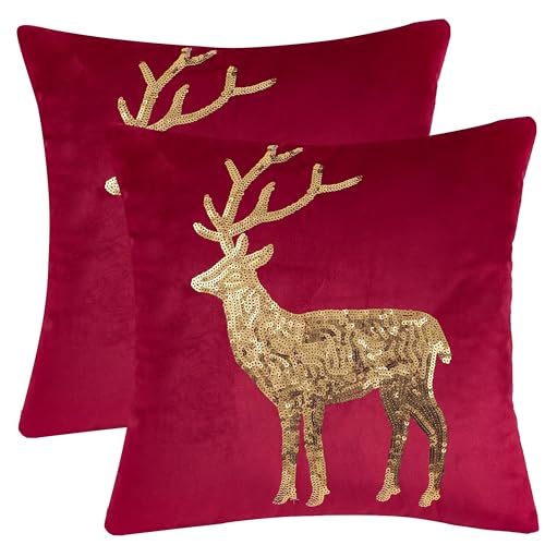 Tosleo Red Christmas Deer Pailletten Throw Pillow Cover 18 x 18 Set of 2 Merry Christmas Velvet Pillowcase Christmas Party Decorations Holiday Cushion Case von Tosleo