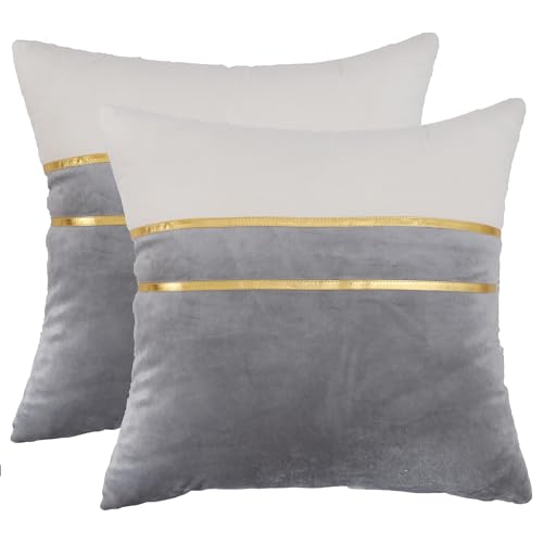 Tosleo Kissenbezüge 2er Set Samt Kissen mit Goldfarbenem Leder Dekokissen Moderne Luxuriös für Sofa Gartenbett Couch Wohnzimmer Sofakissen Bett (Grey, 45 x 45 cm) von Tosleo