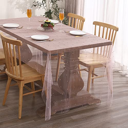 Tosleo Tischdecke Hochzeitsbogen Dekorationen Rosa Chiffon Tüll Tischlinie 140 x 260 cm Brautdusche Dekor Romantische Perlen Gaze Tischdecke für Veranstaltungen Durchscheinend Desserttischdecke von Tosleo