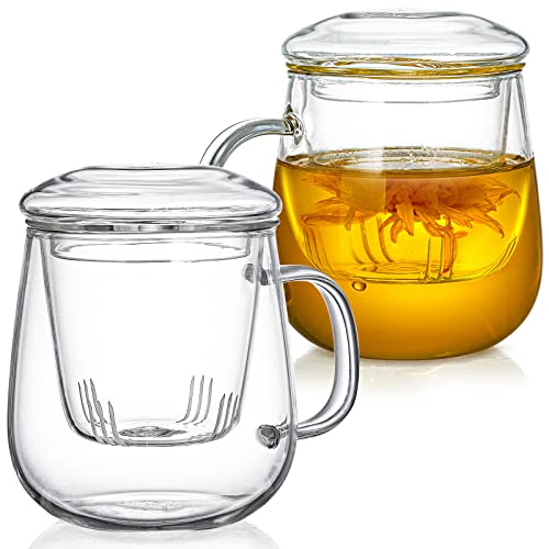 Tosnail 2 Stück große Glastasse mit Deckel und Teesieb, 540ml Teetassen mit Sieb, klare Teetassen mit Teefilter, Glastassen für Blütentee, losen Tee von Tosnail
