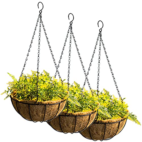 Tosnail 3 Stück Hängend Blumenampel mit Kokosfaser-Auskleidung, runder hängender Blumentopf, Metalldraht, Pflanzkorb Hängetopf Pflanzen für drinnen und draußen, Garten, 25 cm von Tosnail