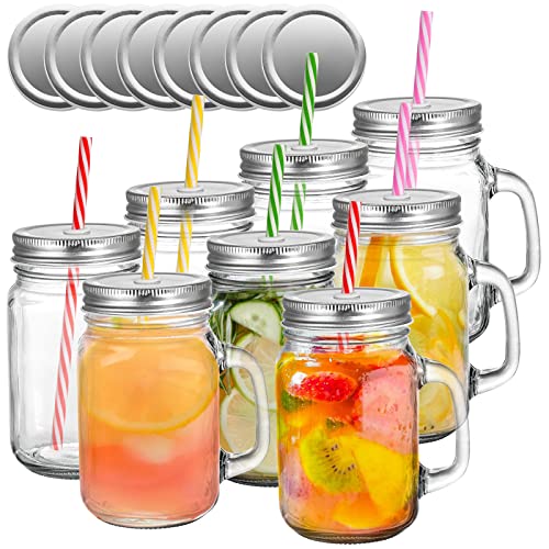 Tosnail 8 Stück 16oz Glas Mason Jar Becher mit Griff, 16 Stück Zinndeckel und 8 Stück Plastikstrohhalme, 480ml Old Fashioned Mason Jar Trinkgläser, klare Glasbecher für Party und täglichen Gebrauch von Tosnail