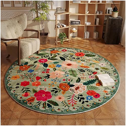 Blumen Rund Teppich Waschbarer Wohnzimmer Kurzflor Vintage Sofa Teppich Kurzflor Couchtischmatte, Bunter Muster Rutschfester Carpet für Schlafzimmer. 120 cm von Tospass