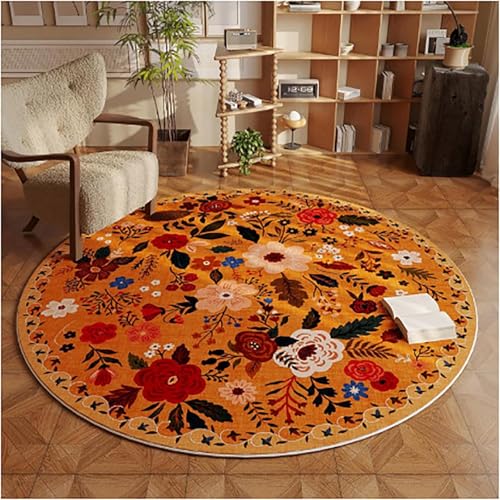 Blumen Rund Teppich Waschbarer Wohnzimmer Kurzflor Vintage Sofa Teppich Kurzflor Couchtischmatte, Bunter Muster Rutschfester Carpet für Schlafzimmer. 200 cm von Tospass