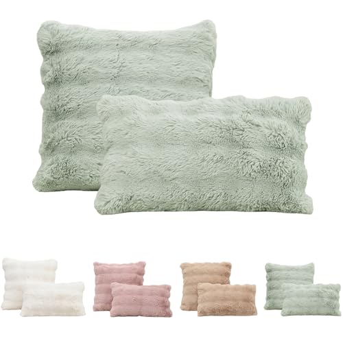 Tospass 2er Set Kissenbezug 40x60 cm Grün Künstlich Kaninchenfell Kuschelkissen Flauschig Weich Glatt Sofakissen Dekokissen, Deko Wohnzimmer Zierkissen Couchkissen mit Unsichtbarer Reißverschluss von Tospass